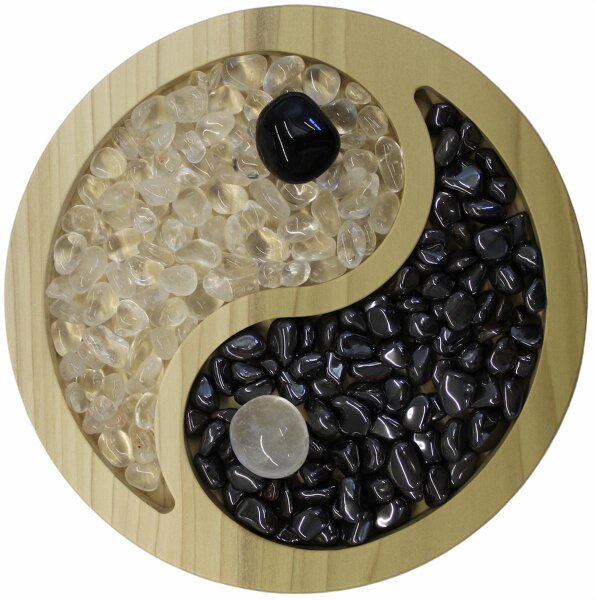 Yin Yang Teller aus Naturholz mit Trommelsteinen