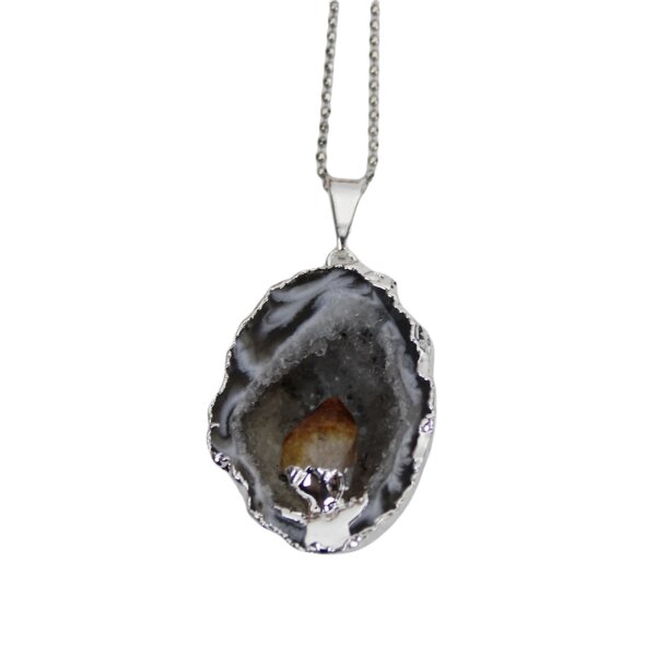 Anhänger Achat Geode versilbert mit Citrin Spitze