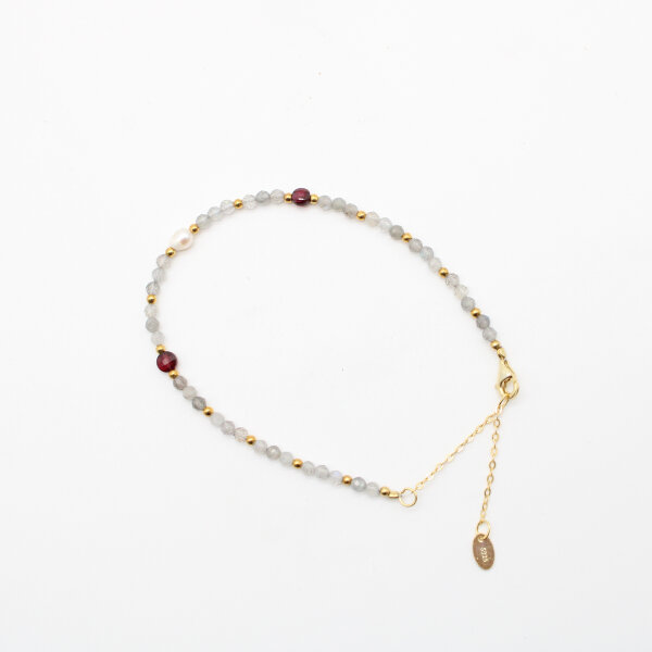 Armband Labradorit facettiert mit Granat und Süßwasserperle, 925er Silber verg.