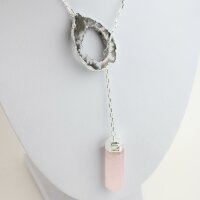 Y-Kette versilbert mit Rosenquarz Spitze und Achatgeoden Scheibe
