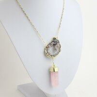 Y-Kette vergoldet mit Rosenquarz Spitze und Achatgeoden Scheibe