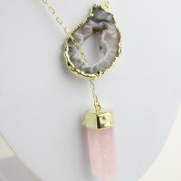 Y-Kette vergoldet mit Rosenquarz Spitze und Achatgeoden Scheibe