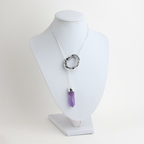 Y-Kette versilbert mit Amethyst Spitze und Achatgeoden Scheibe