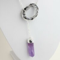 Y-Kette versilbert mit Amethyst Spitze und Achatgeoden Scheibe