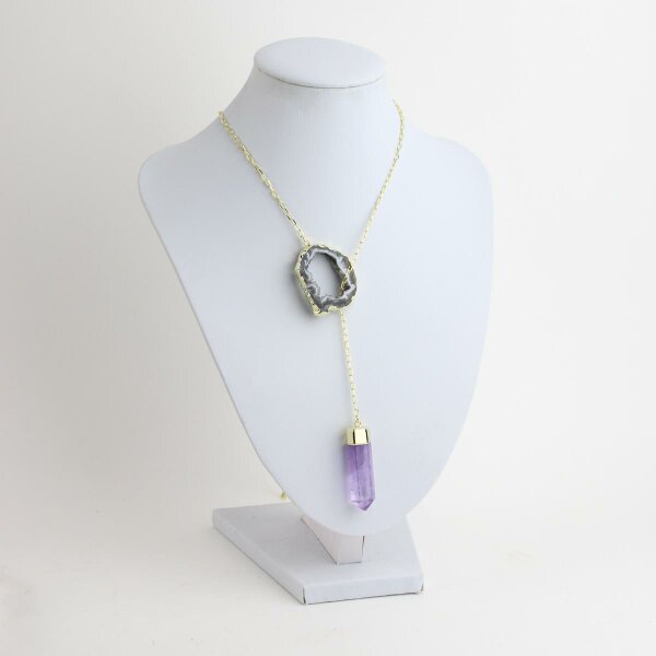 Y-Kette vergoldet mit Amethyst Spitze und Achatgeoden Scheibe