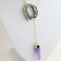 Y-Kette vergoldet mit Amethyst Spitze und Achatgeoden Scheibe
