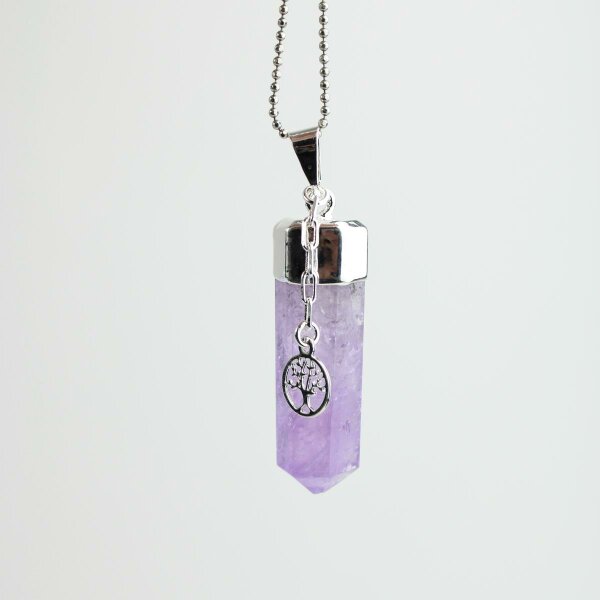 Anhänger Amethyst Spitze poliert mit Anhänger Baum des Lebens, versilbert