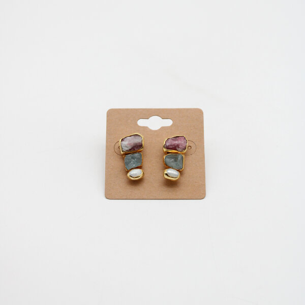 Ohrstecker pink Turmalin, Aquamarin Natur und Perle, vergoldet