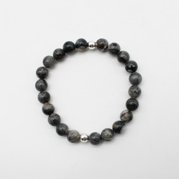 Armband Picasso Jaspis 8 mm Kugeln 8 mm und silberfarbenen Kugeln
