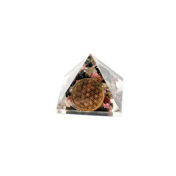 Pyramide Turmalin mix Orgonit 4 x 4 cm mit Gravur Blume des Lebens
