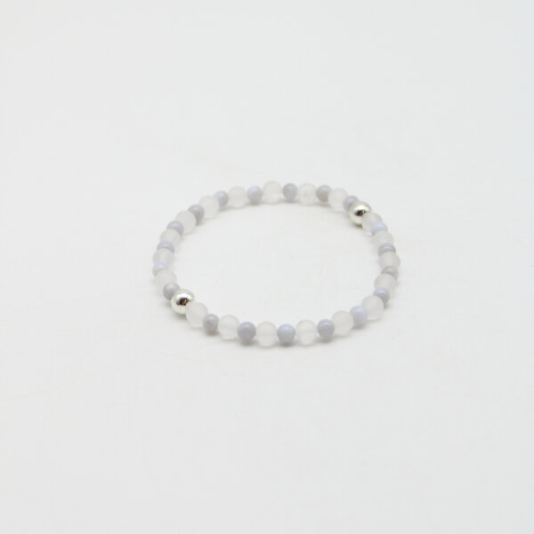 Armband Chalcedon Kugeln 4 mm, Bergkristall Kugeln 5 mm, mit silberfarbener Kugel