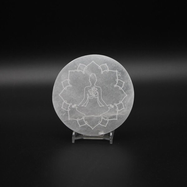 Ladeplatte Selenit rund mit Gravur Mandala - Design