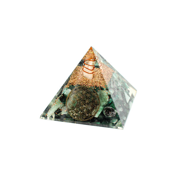 Pyramide Smaragd Orgonit 7 x 7 cm mit Gravur Blume des Lebens