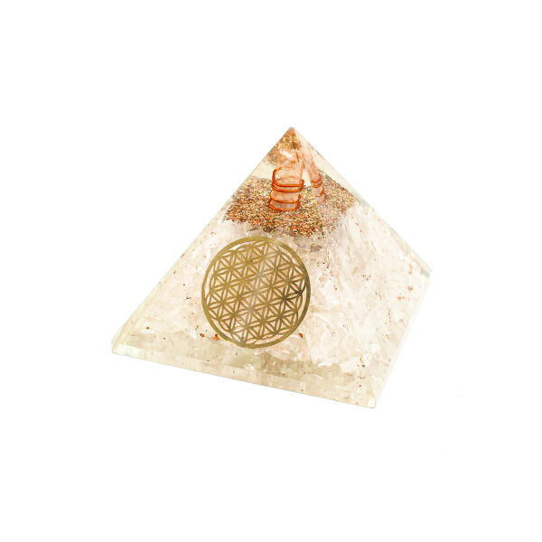 Pyramide Bergkristall Orgonit 7 x 7 cm mit Gravur Blume des Lebens