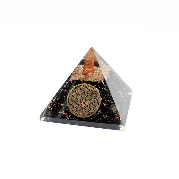 Pyramide Turmalin schwarz Orgonit 7 x 7 cm mit Gravur Blume des Lebens