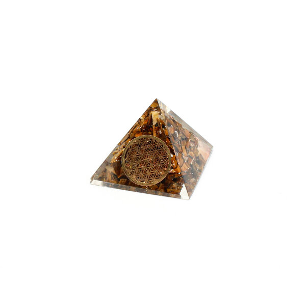 Pyramide Tigerauge Orgonit 4 x 4 cm mit Gravur Blume des Lebens