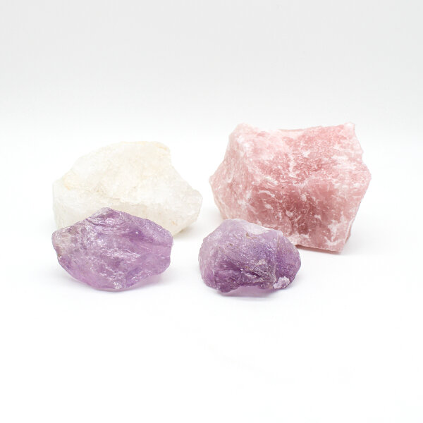 Bergkristall, Rosenquarz und Amethst roh 4er St