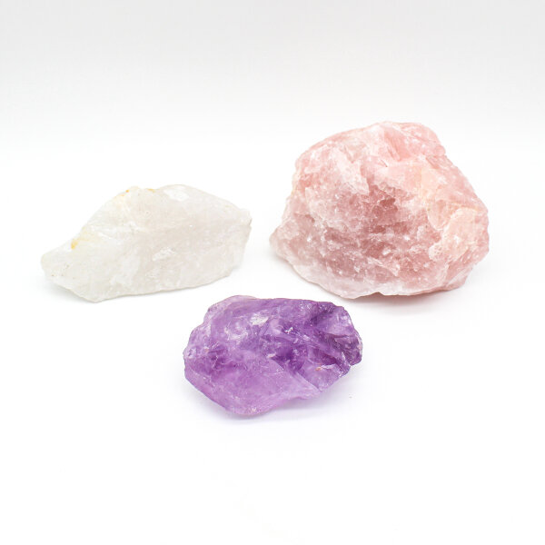 Bergkristall, Rosenquarz und Amethst roh 3er Set
