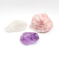 Bergkristall, Rosenquarz und Amethst roh 3er Set