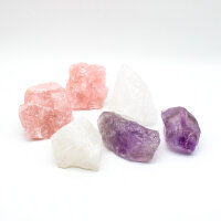Bergkristall, Rosenquarz und Amethst roh 6er Set