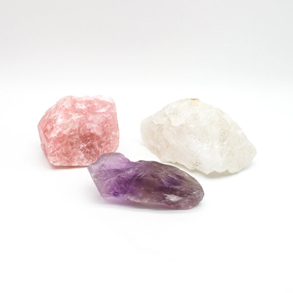 Bergkristall, Rosenquarz und Amethyst roh 3er Set