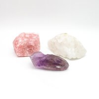 Bergkristall, Rosenquarz und Amethyst roh 3er Set