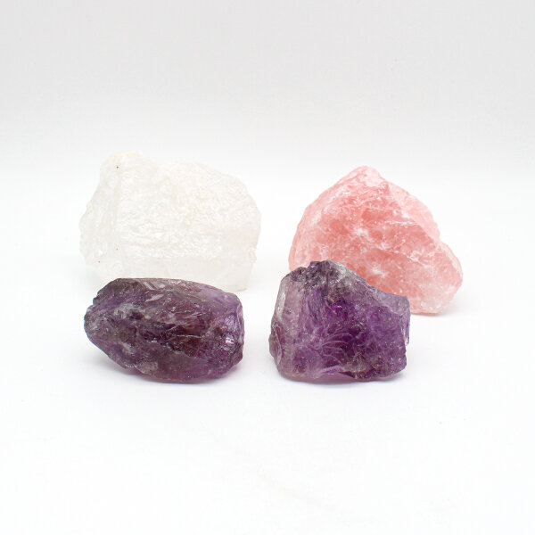 Bergkristall, Rosenquarz und Amethyst roh 4er Set